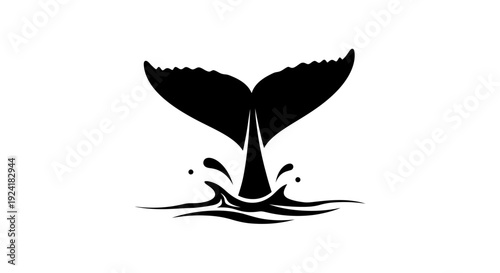 Black silhouette of a whale's tail emerging from the water with splashes and ripples, isolated on a white background.