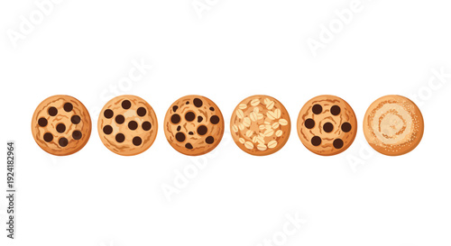 Six different types of round baked cookies including chocolate chip and oatmeal varieties are arranged in a horizontal row on a white background.