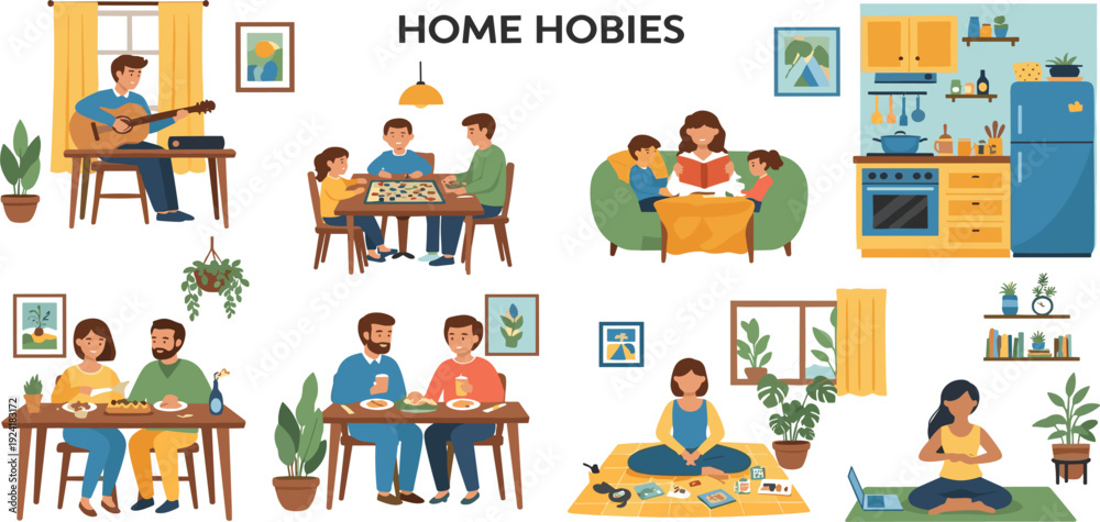 Fototapeta premium Home Hobbies Flat Vector Illustration Set with Family Activities Including Cooking, Reading, Board Games, Music, Yoga, and Quality Time Indoors Lifestyle Scenes Collection