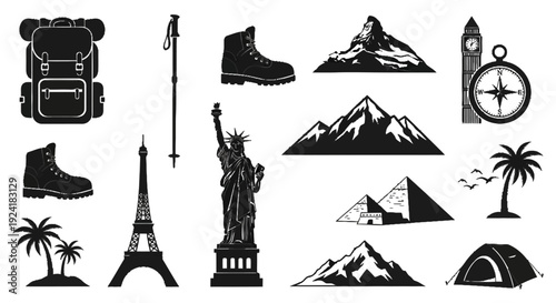 Collection of travel icons featuring landmarks and outdoor gear.