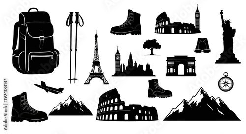 Collection of travel icons including landmarks and hiking gear in black silhouettes.