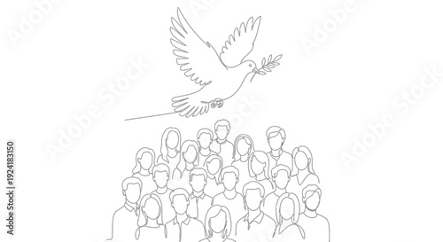 Dove with olive branch flying over diverse crowd, symbolizing peace and unity