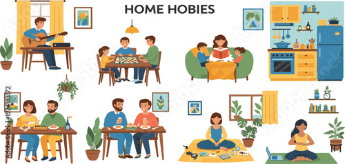 Home Hobbies Flat Vector Illustration Set with Family Activities Including Cooking, Reading, Board Games, Music, Yoga, and Quality Time Indoors Lifestyle Scenes Collection