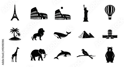 Collection of black silhouettes representing famous landmarks and wildlife from around the world.