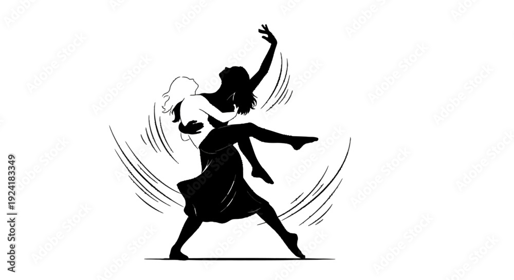 Fototapeta premium Two people dancing together in a dynamic pose with flowing motion lines.
