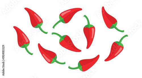 Ten vibrant red chili peppers with green stems are scattered in various orientations across a plain white background.