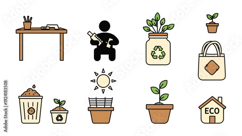 Eco-Friendly Icons: a collection of icons represents a commitment to sustainability and environmental consciousness, promoting concepts like recycling, gardening, and eco-friendly living.