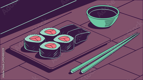 Sushi food illustration with chopsticks and soy sauce