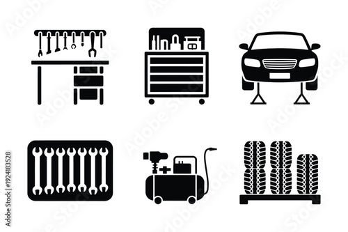 Auto Repair Shop Icons: Workbench, Toolbox, Car, Tires, Air