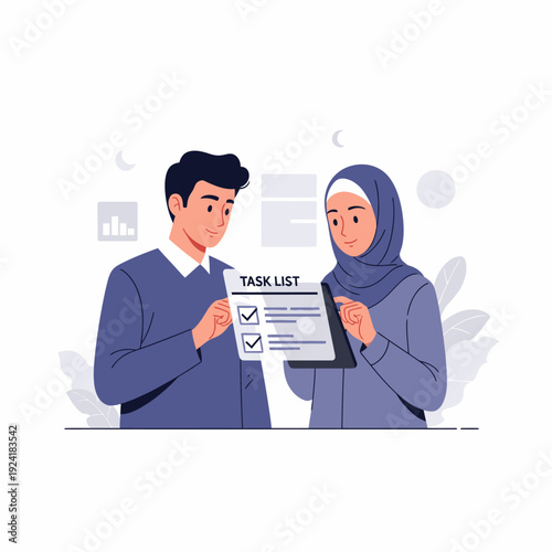 Two colleagues reviewing a task list.