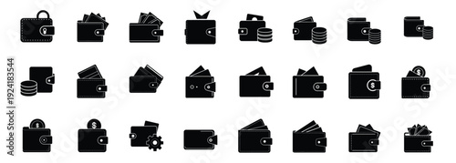 Wallet and money purse icon set featuring black silhouette of leather pocket with credit card cash bill and dollar coin for financial payment savings vector illustration