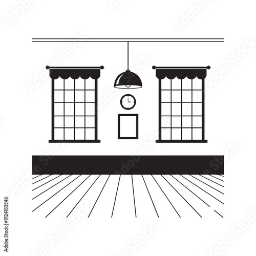 Minimalist Interior Wall Vector Illustration with Windows Clock Lamp and Picture Frame
