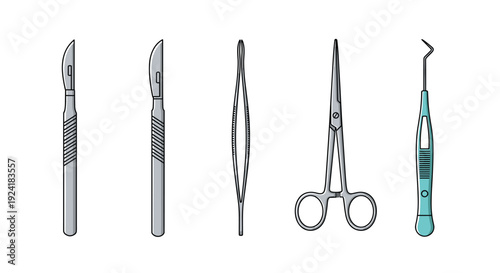 Five stainless steel medical instruments including scalpels and scissors are lined up vertically in a row on a white background.