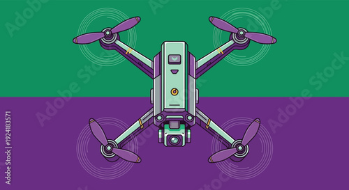 Modern drone with four propellers flying against green and purple background
