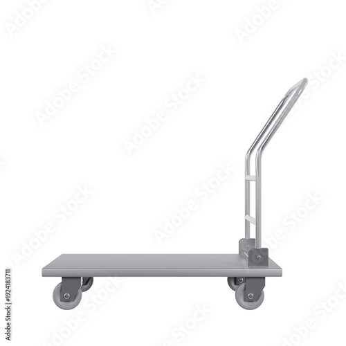 Platform hand truck cart 3D render with gray metal flatbed and upright folding handle, side view centered in frame, on transparent background, ideal for warehouse, logistics, and delivery concepts.