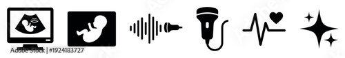 Collection of black silhouette medical icons illustrating prenatal care, fetal monitoring, and diagnostic ultrasound procedures, presented in a clean, graphic style