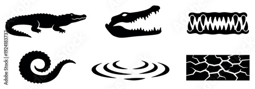Six distinct black crocodile and alligator related silhouettes, depicting a full body, open mouth, sharp teeth, coiled tail, water ripples, and cracked earth, rendered in a graphic style