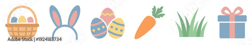 Cute pastel Easter holiday elements collection featuring a basket, bunny ears, decorated eggs, a carrot, green grass, and a festive gift box in a cheerful flat vector style