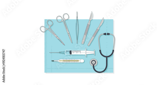 A collection of medical tools including a stethoscope and syringe is arranged on a light blue surgical drape against a white background.