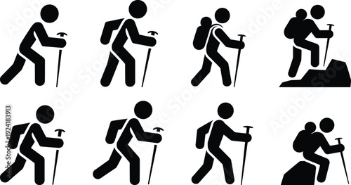 A series of silhouettes depicting a person hiking with trekking poles on various terrains.