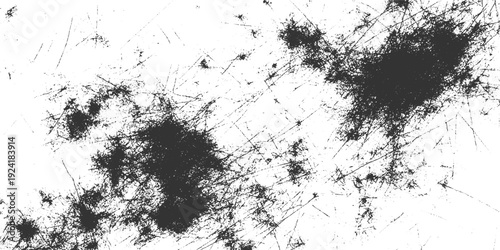 Black ink splatters and fine scratches on a white textured background abstract grunge