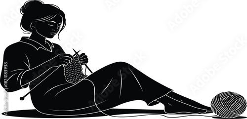 Woman Knitting Wool Yarn Silhouette Vector Illustration of Female Character Sitting and Crafting Handmade Knitwear for Hobby, Relaxation, and Creative Lifestyle Design