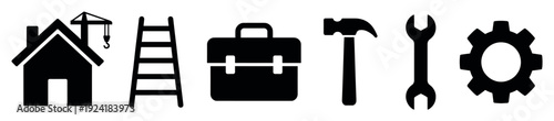 Six black silhouette construction and repair icons are neatly arranged, depicting essential tools and symbols for building, maintenance, and engineering projects in a clear, graphic style