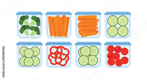 Eight transparent plastic meal prep containers with light blue lids arranged in two rows containing sliced broccoli carrots cucumbers peppers and tomatoes.
