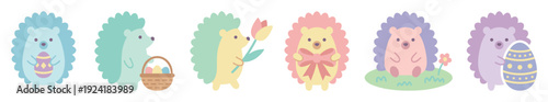 Cute pastel colored hedgehogs celebrate spring and Easter joyfully, holding decorated eggs, a flower, a basket, and wearing a festive bow in a charming cartoon illustration style