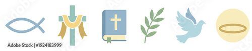 Six stylized Christian religious symbols are arranged horizontally, featuring a fish, cross, bible, olive branch, dove, and halo in a serene, illustrative flat design