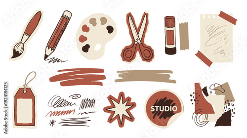 Vibrant art studio tools and supplies in earthy tones for creative projects