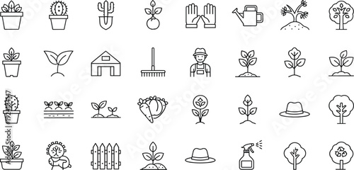 Gardening Line Icon Set with Plants Tools Farmer Equipment and Garden Elements Outline Vector Illustration Collection for Agriculture, Farming, and Nature Design
