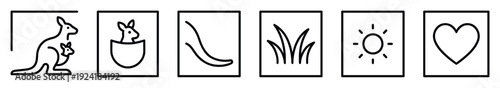 Six distinct square framed outline icons present a collection of nature and animal-related symbols, rendered in a clean, modern, and simple line art style