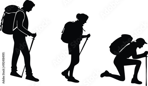 Hiker silhouette icon set. Includes walking, climbing, trekking. Created in black style with white outline.