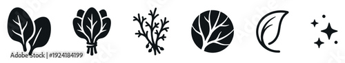 Various black silhouette icons depicting fresh produce, herbs, and nature elements are neatly arranged in a clean, modern, and minimalist graphic style, conveying health and organic concepts