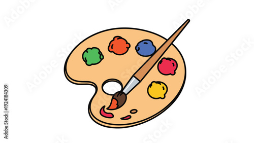 Traditional wooden paint palette with various colorful blobs of paint and a brush for art and education supplies.