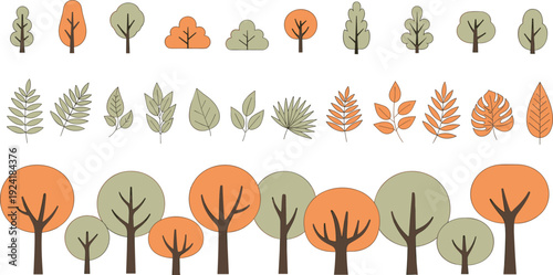 Autumn trees and leaves flat vector set with colorful seasonal nature elements