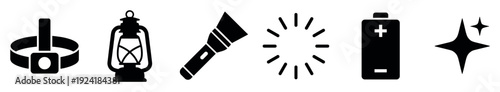Collection of black silhouette icons representing light sources and power, including a headlamp, lantern, flashlight, light rays, battery, and sparkle, presented in a clean, modern vector style