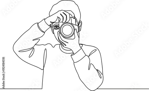 Continuous One Line Drawing of Photographer Taking Photo with Camera Minimalist Outline Vector Illustration for Photography, Creative Hobby, Professional Work, and Media Concept