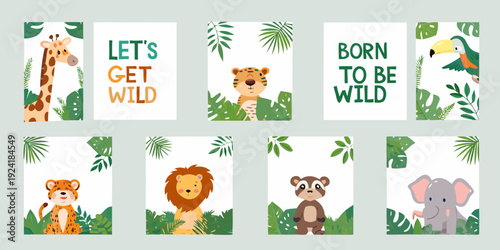 A collection of colorful nursery art prints featuring jungle animals