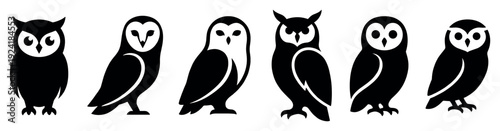 Six stylized black and white owl icons are arranged in a horizontal row, showcasing various graphic designs of these nocturnal birds with distinct facial features and body shapes