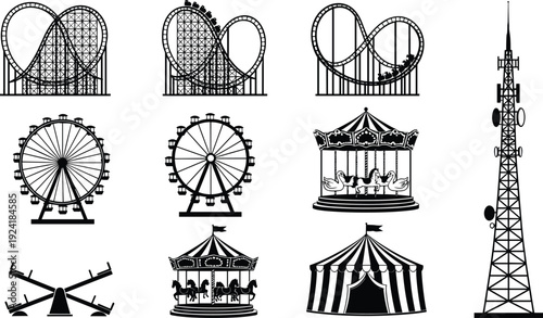 Children playground silhouette icons, kids hanging bars playing upside down standing balance, outdoor activity graphics, childhood fun illustration collection