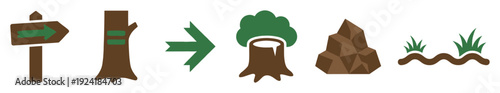 Various simple flat design nature and outdoor icons are neatly arranged in a horizontal row, featuring elements like a signpost, tree, stump, rock, and grass