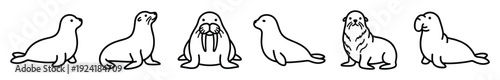 Six cute cartoon marine mammals, including seals, sea lions, and a walrus, are depicted in simple black outline illustrations with various playful poses and expressions