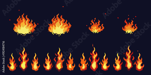 Pixel art flames a collection of varying sizes and animation frames