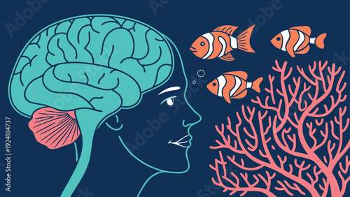 Human brain and ocean fish vector illustration. Side profile of a person with a visible brain, looking at three clownfish and coral on a dark blue background.