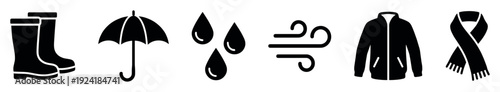 Black silhouette icons show weather and clothing elements, including boots, an umbrella, raindrops, wind, a jacket, and a scarf, presented in a clean, graphic style