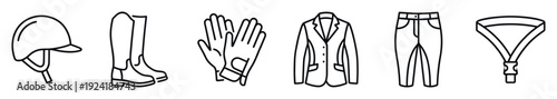 Six black outline icons depicting equestrian riding gear, including a helmet, tall boots, gloves, a jacket, breeches, and a safety vest, presented in a clean, minimalist vector style