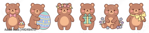 Six adorable cartoon brown bears are depicted in a charming collection of various poses and festive accessories, showcasing a cheerful and sweet mood
