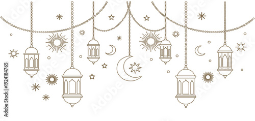 Ramadan kareem islamic hanging lanterns and crescent moon frame line art vector for eid mubarak celebration.